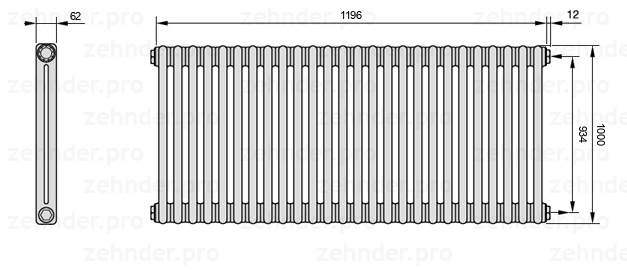 Схема (чертеж) Радиатор Zehnder Charleston 2100/26 №7610 Белый глянцевый RAL 9016